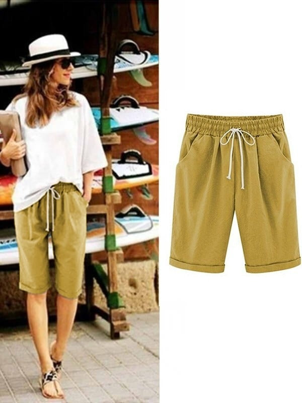 Cotton drawstring shorts with pockets and tie sash for women