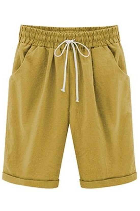 Cotton drawstring shorts with pockets and tie sash for women