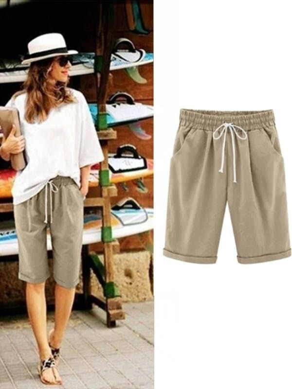 Cotton drawstring shorts with pockets and tie sash for women