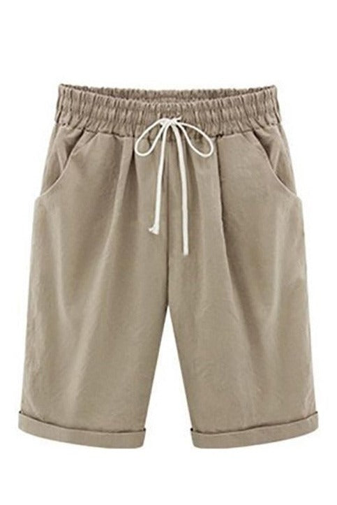 Cotton drawstring shorts with pockets and tie sash for women