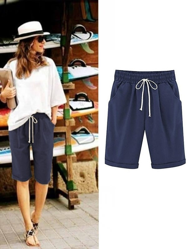 Cotton drawstring shorts with pockets and tie sash for women