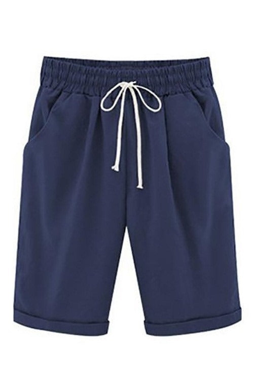 Cotton drawstring shorts with pockets and tie sash for women