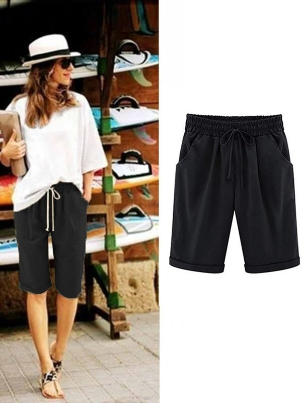 Cotton drawstring shorts with pockets and tie sash for women