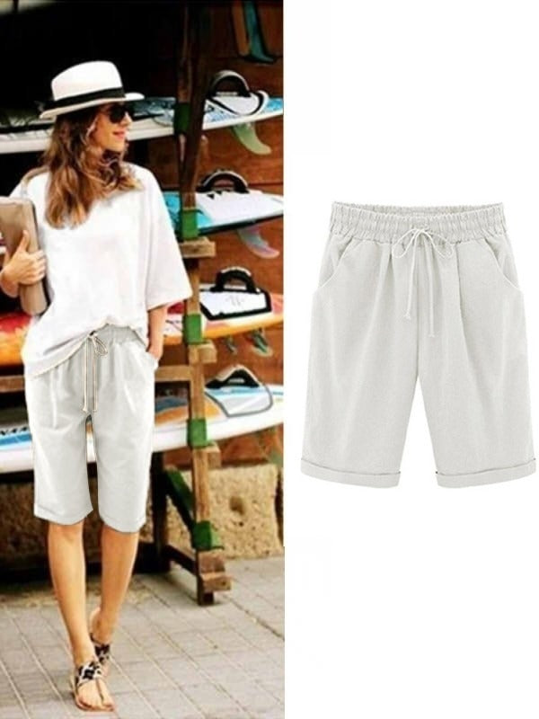 Cotton drawstring shorts with pockets and tie sash for women