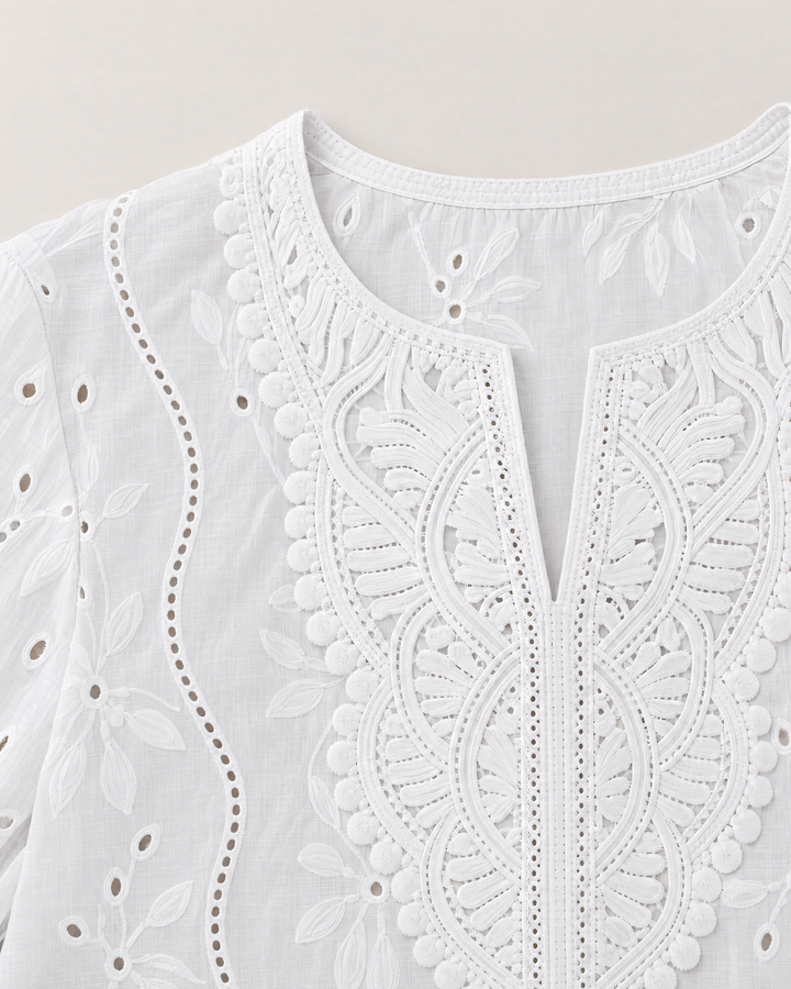 Eyelet embroidered blouse with split round neck for women