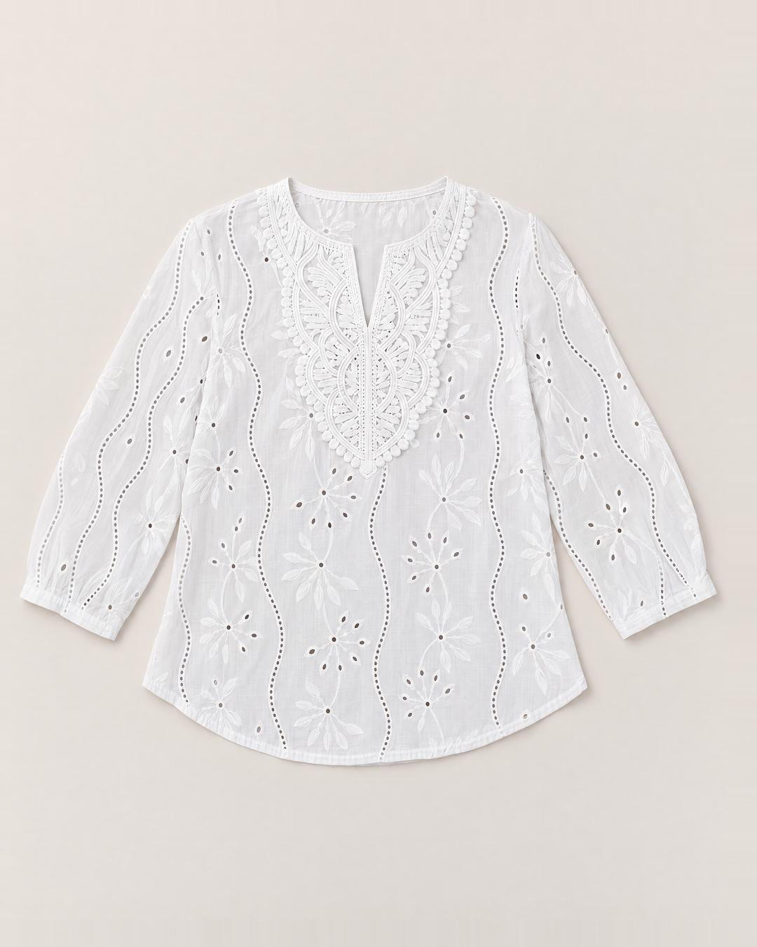 Eyelet embroidered blouse with split round neck for women