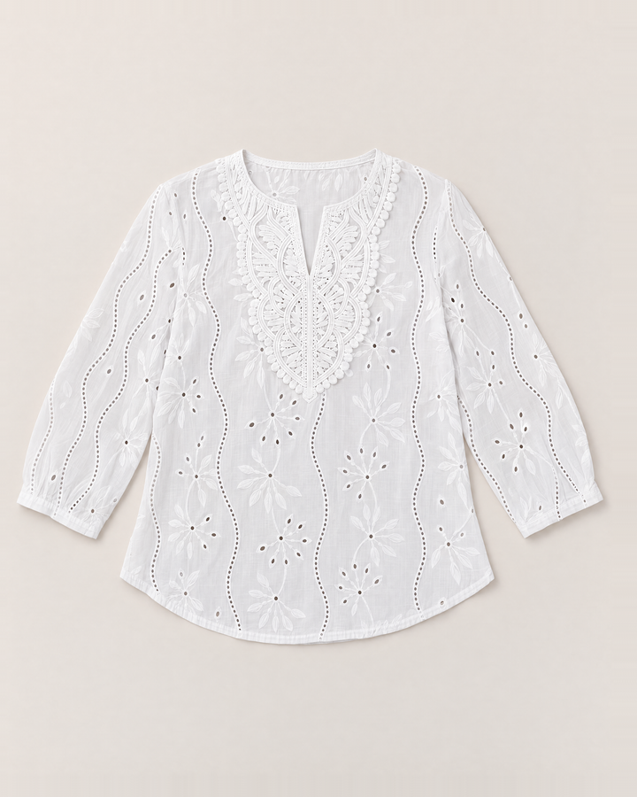 Eyelet embroidered blouse with split round neck for women