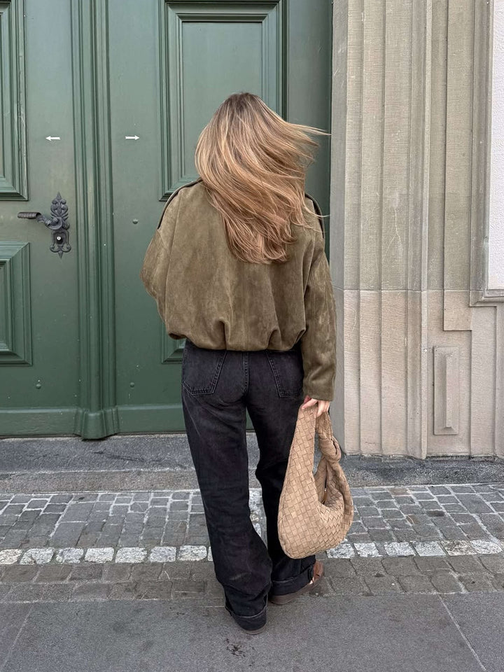 Faux suede bomber jacket oversized drop shoulder for women