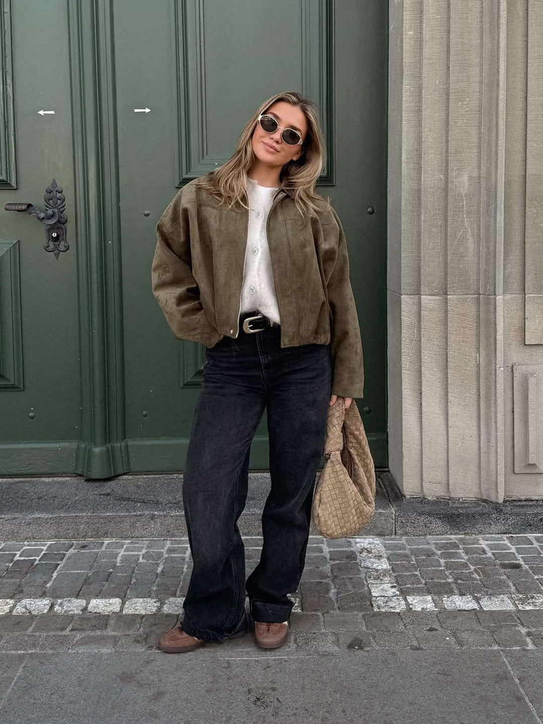Faux suede bomber jacket oversized drop shoulder for women