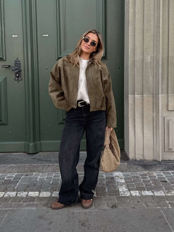 Faux suede bomber jacket oversized drop shoulder for women