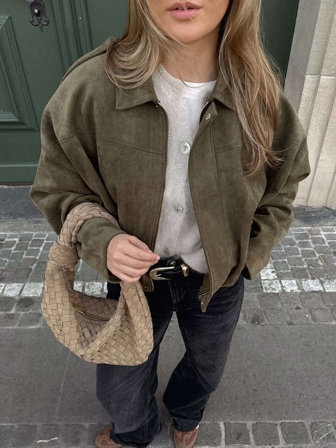 Faux suede bomber jacket oversized drop shoulder for women