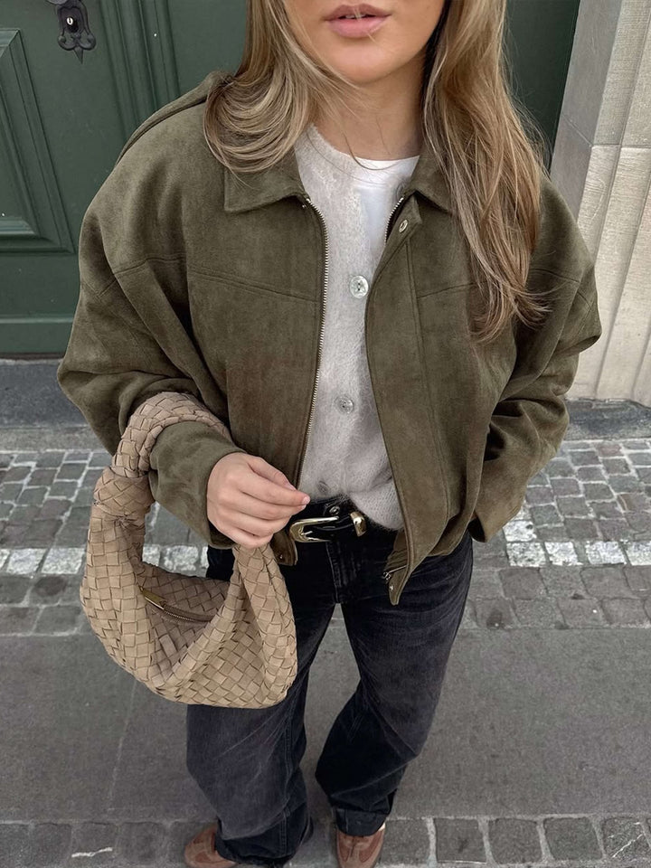 Faux suede bomber jacket oversized drop shoulder for women