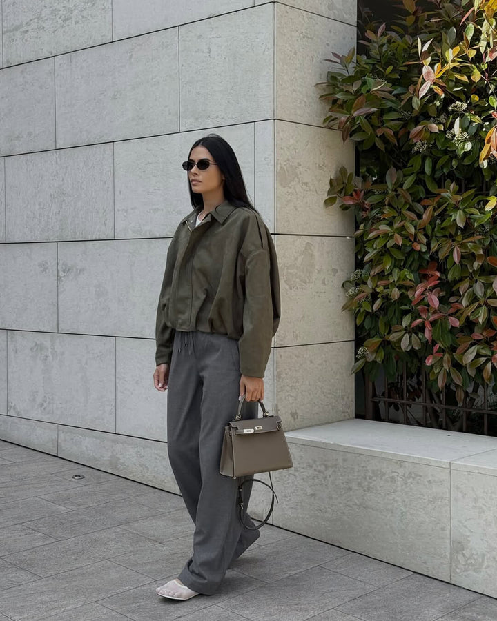 Faux suede bomber jacket oversized drop shoulder for women
