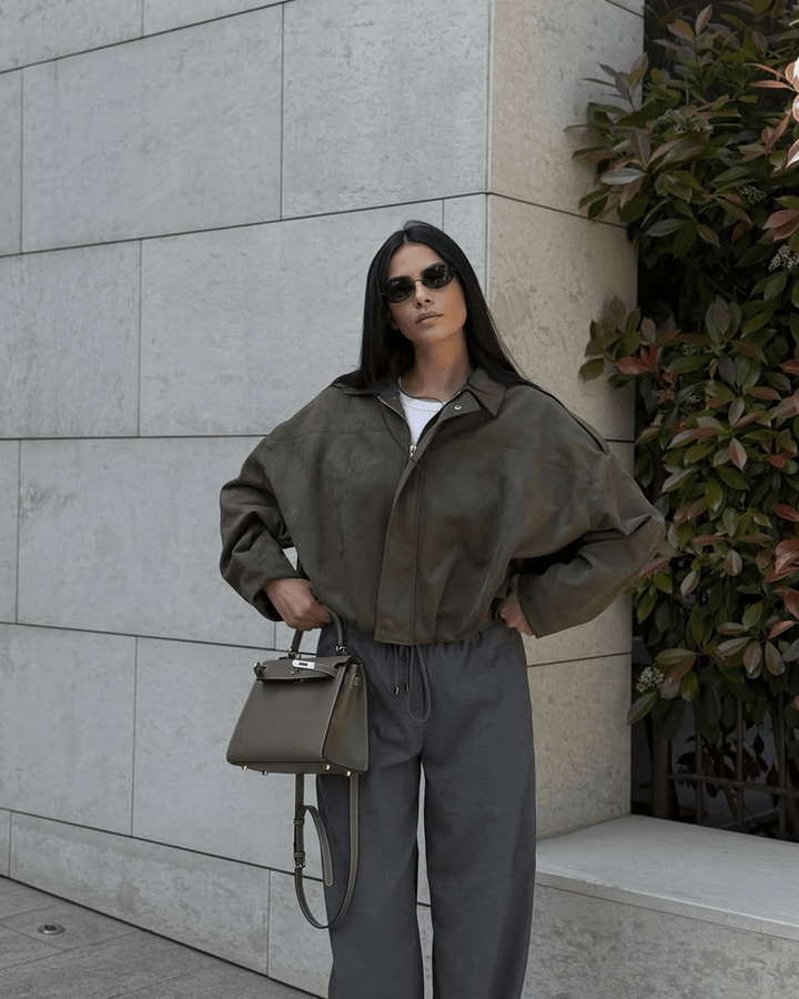 Faux suede bomber jacket oversized drop shoulder for women