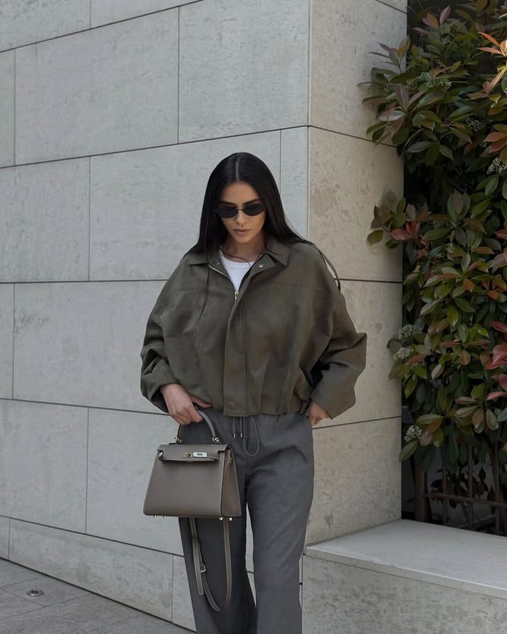 Faux suede bomber jacket oversized drop shoulder for women