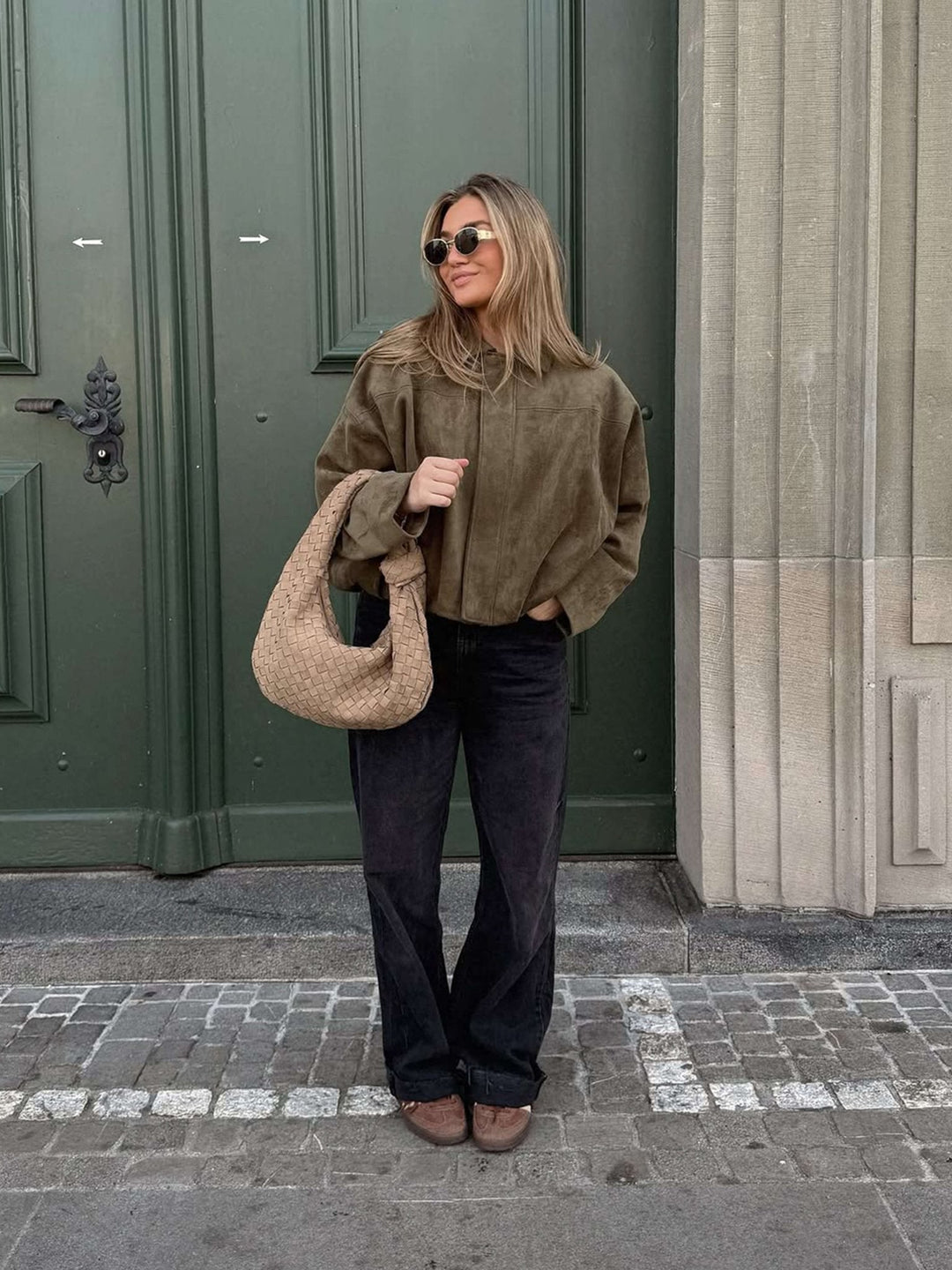 Faux suede bomber jacket oversized drop shoulder for women