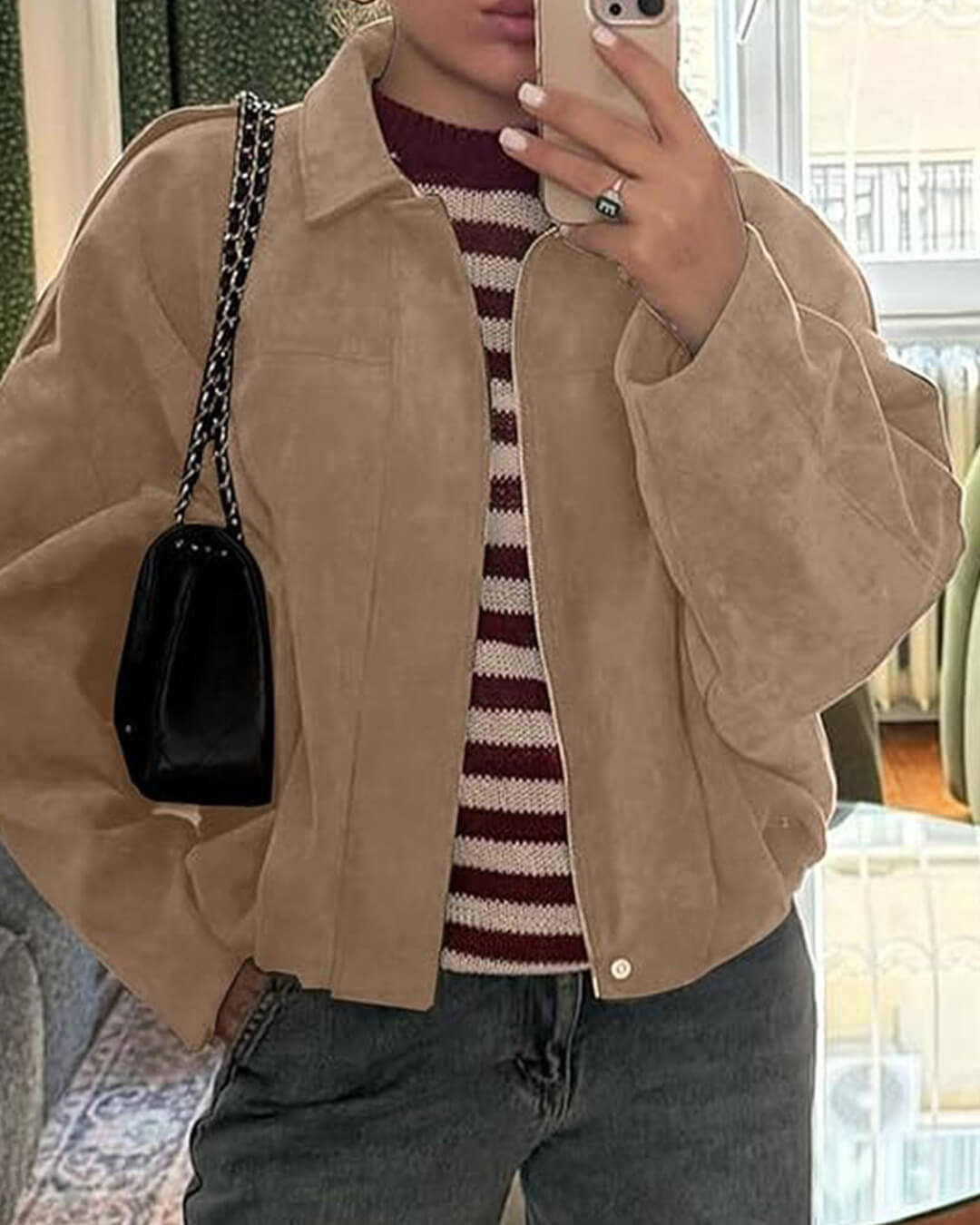 Faux suede bomber jacket oversized drop shoulder for women