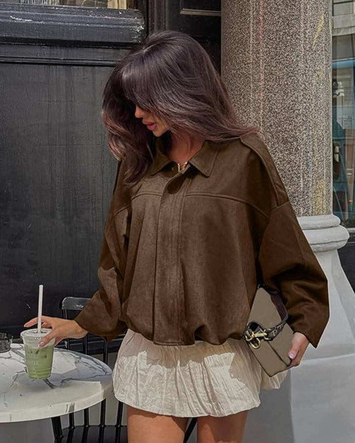 Faux suede bomber jacket oversized drop shoulder for women