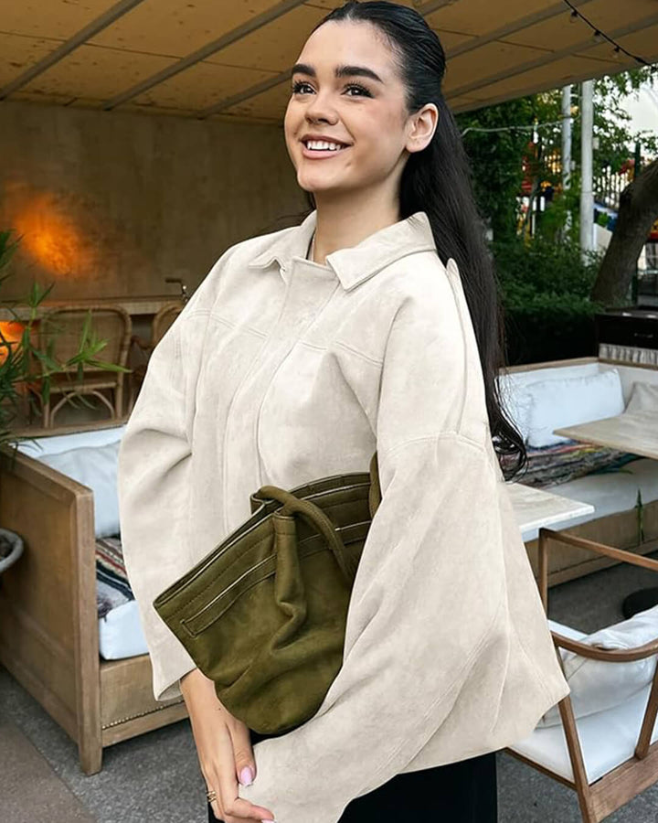 Faux suede bomber jacket oversized drop shoulder for women