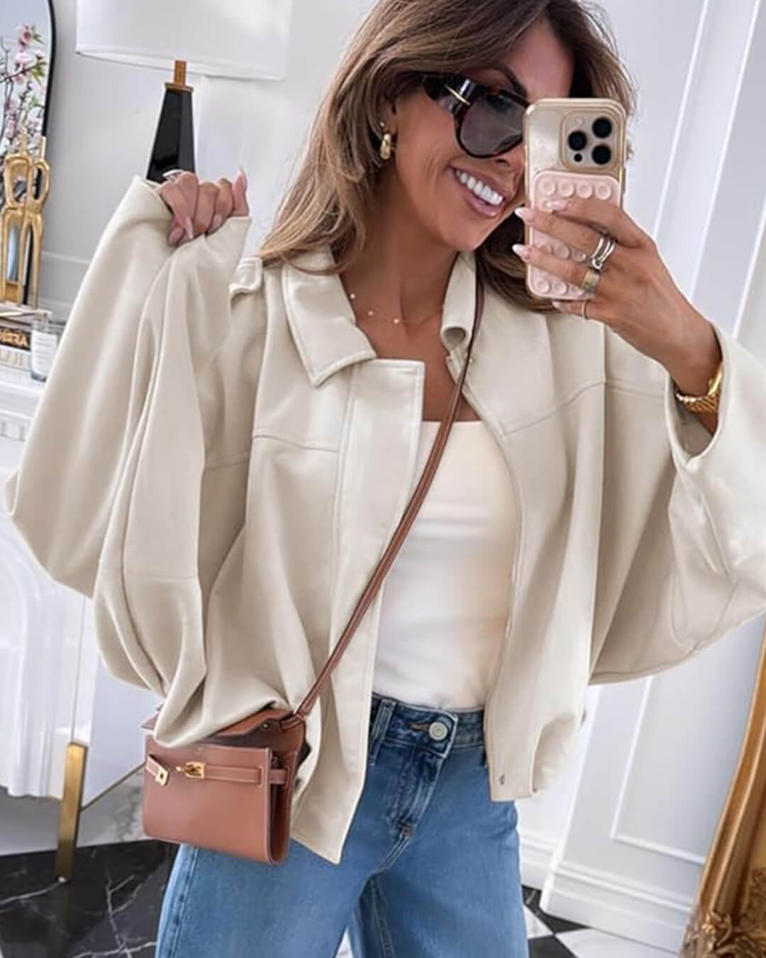 Faux suede bomber jacket oversized drop shoulder for women