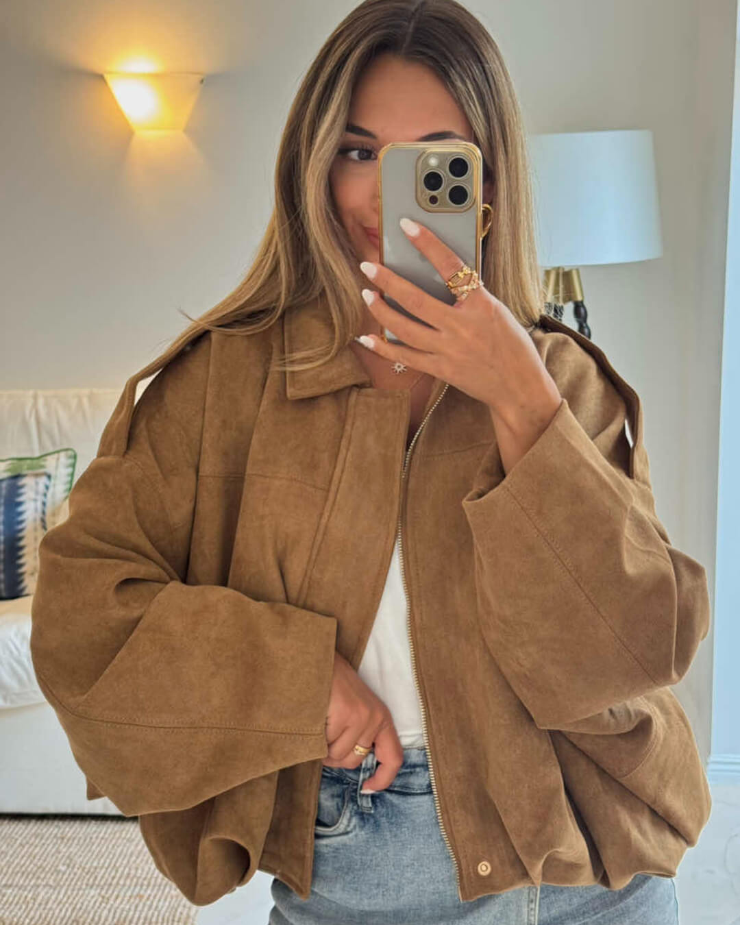 Faux suede bomber jacket oversized drop shoulder for women