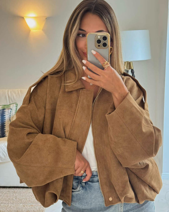Faux suede bomber jacket oversized drop shoulder for women