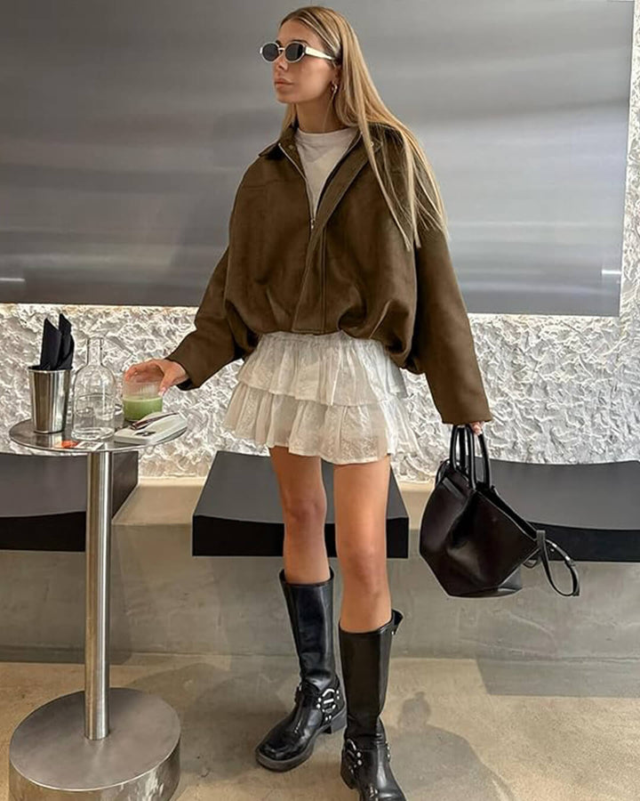 Faux suede bomber jacket oversized drop shoulder for women