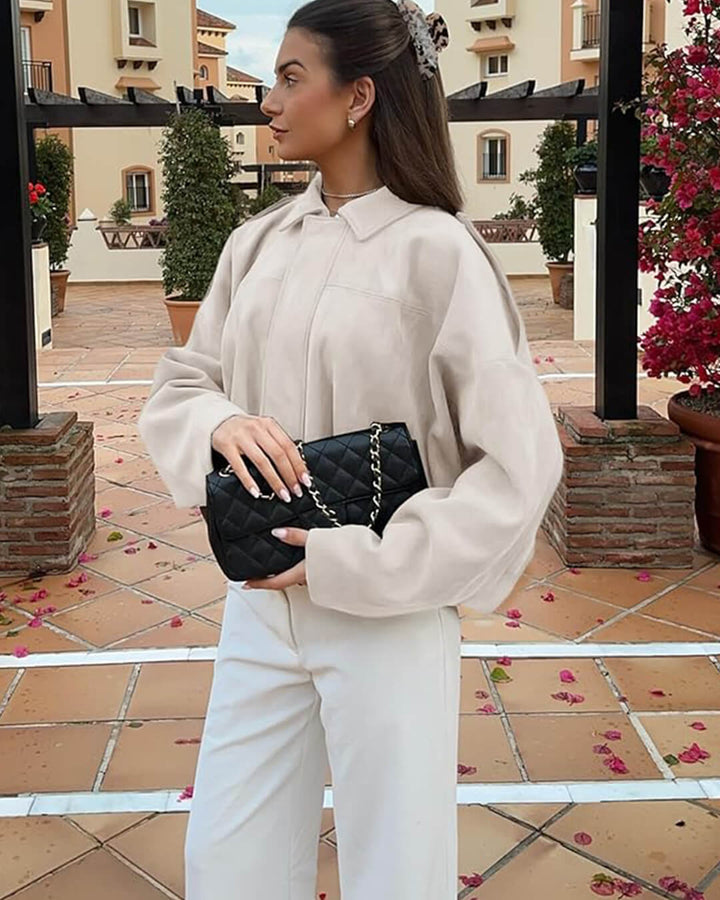 Faux suede bomber jacket oversized drop shoulder for women