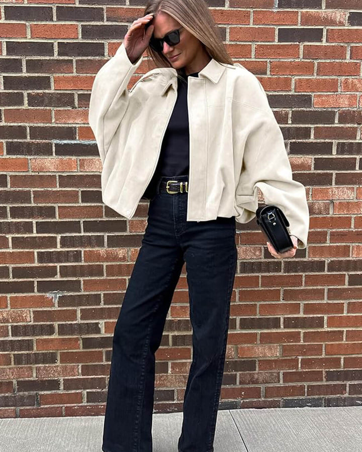Faux suede bomber jacket oversized drop shoulder for women