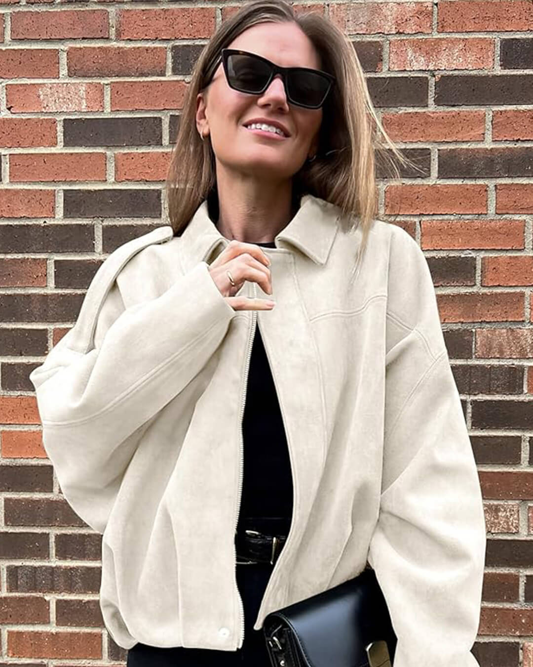 Faux suede bomber jacket oversized drop shoulder for women