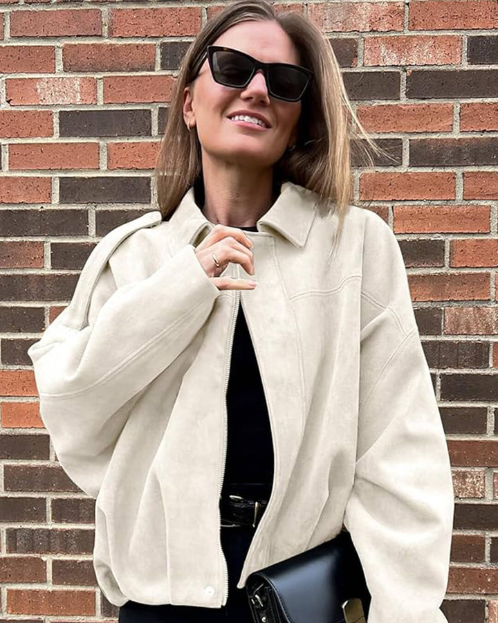 Faux suede bomber jacket oversized drop shoulder for women