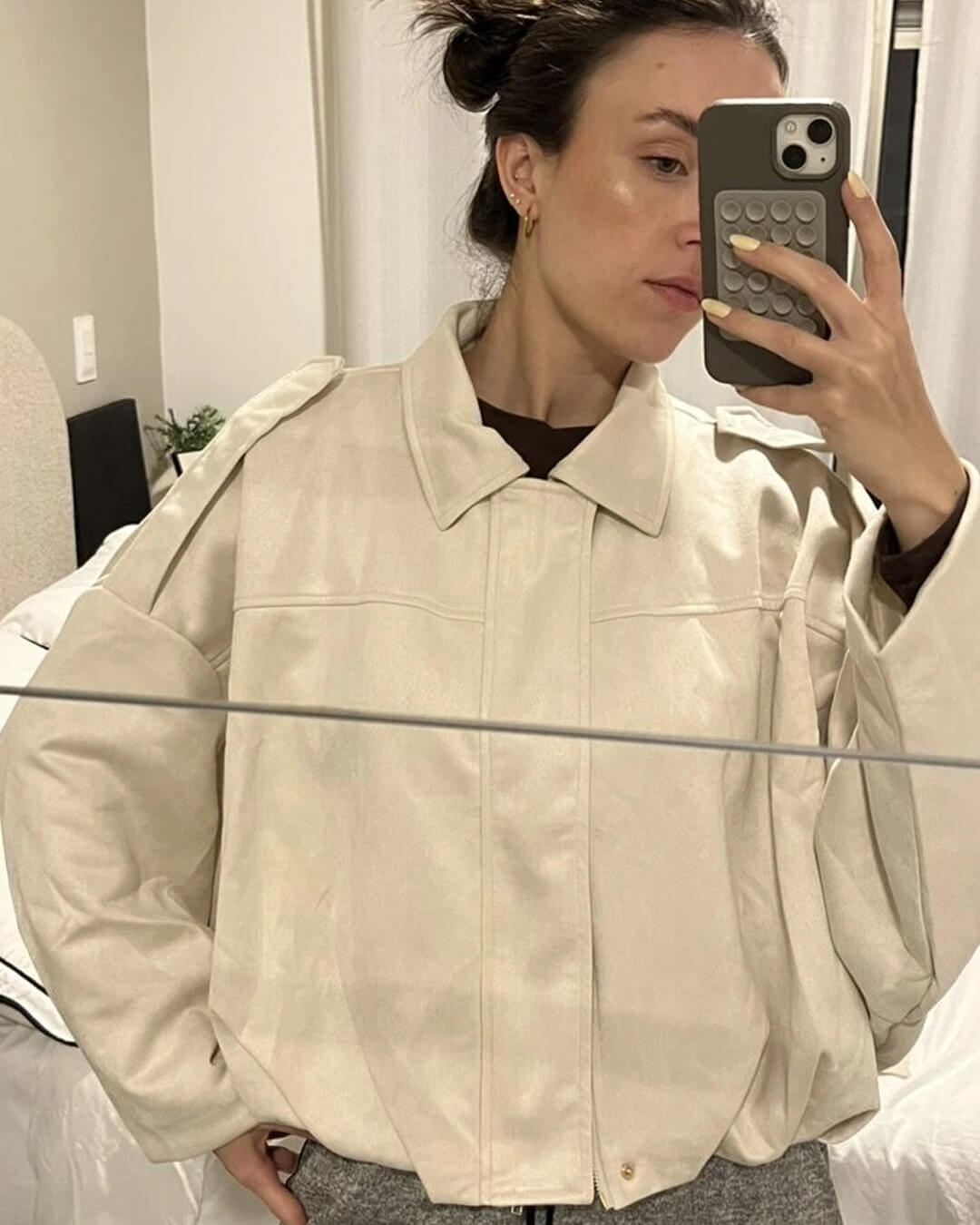 Faux suede bomber jacket oversized drop shoulder for women