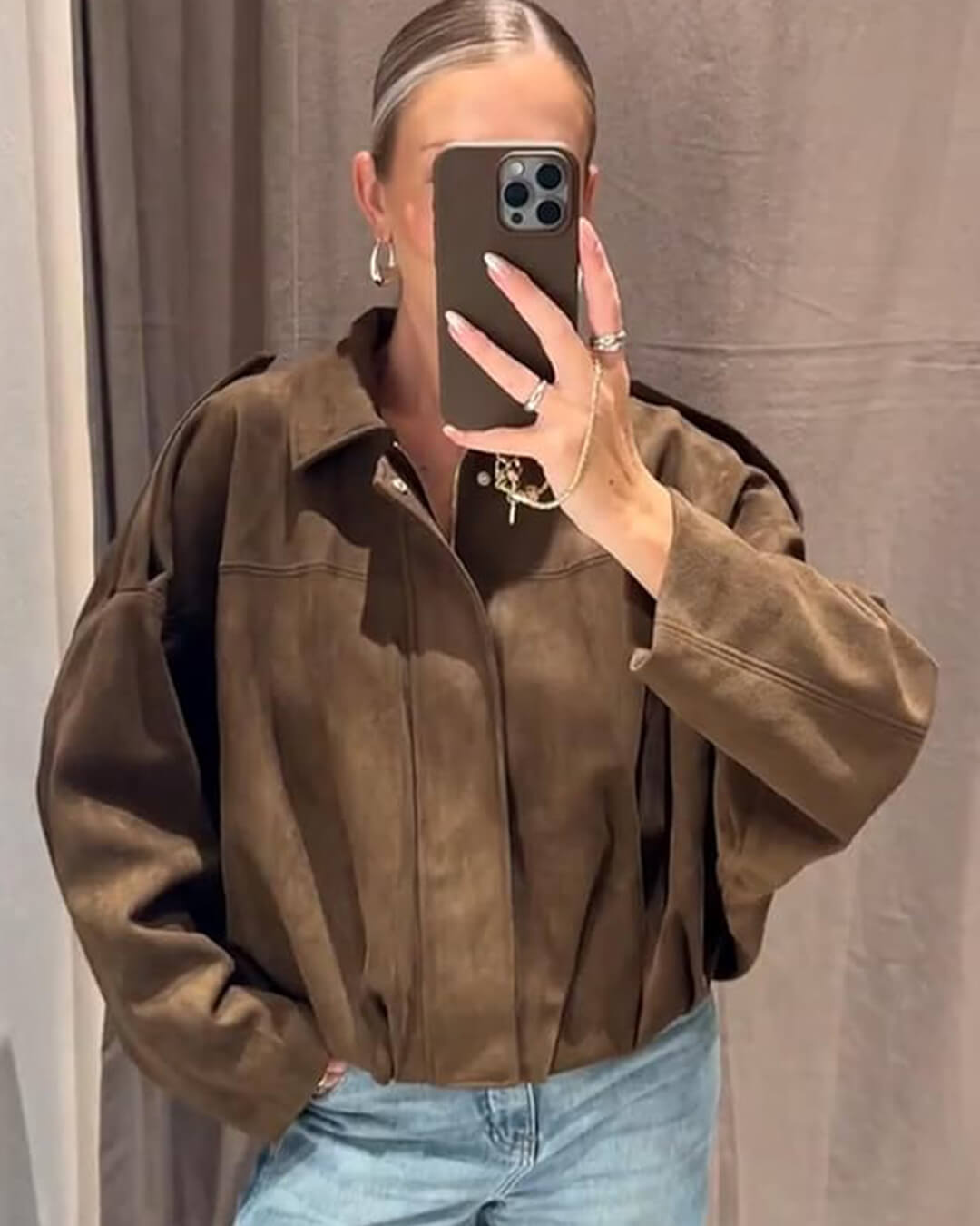 Faux suede bomber jacket oversized drop shoulder for women