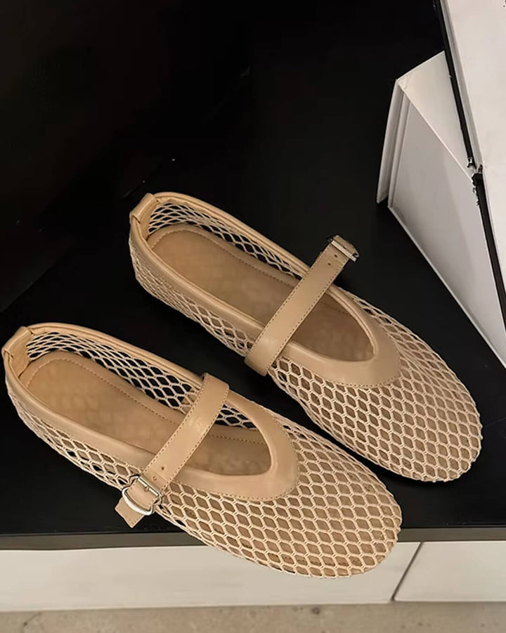 Mesh ballet flats mary jane buckle strap for women