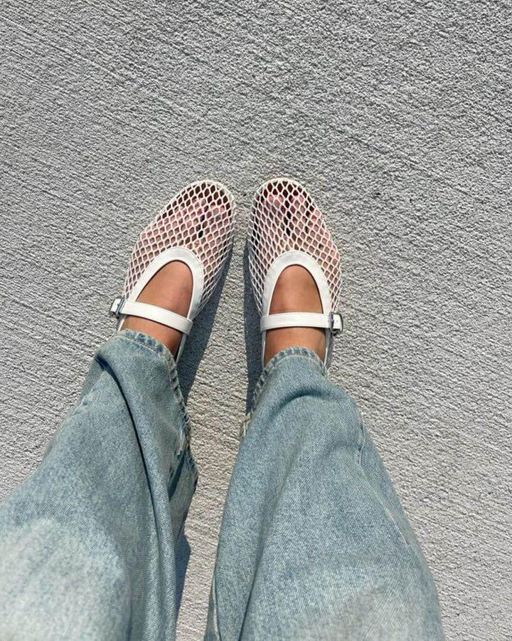 Mesh ballet flats mary jane buckle strap for women
