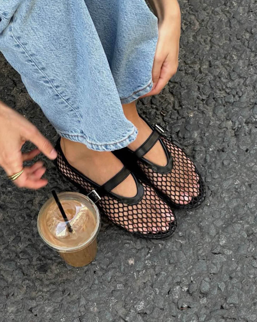 Mesh ballet flats mary jane buckle strap for women
