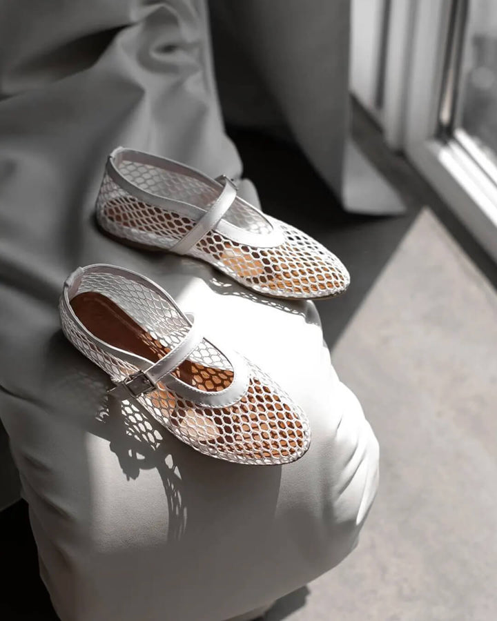 Mesh ballet flats mary jane buckle strap for women