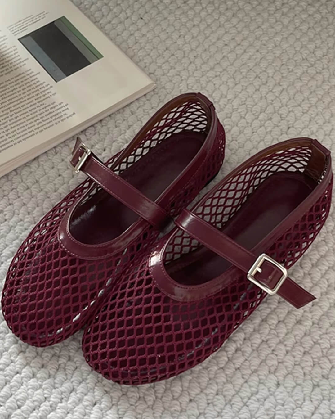 Mesh ballet flats mary jane buckle strap for women