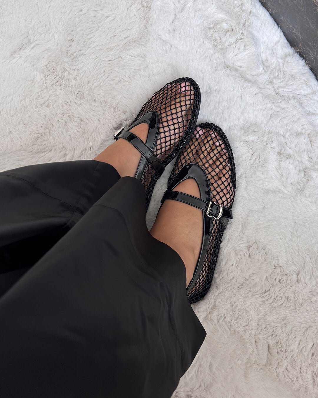Mesh ballet flats mary jane buckle strap for women