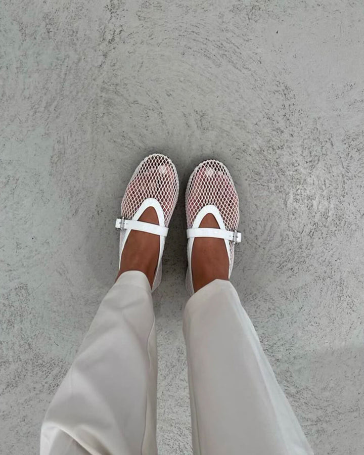Mesh ballet flats mary jane buckle strap for women