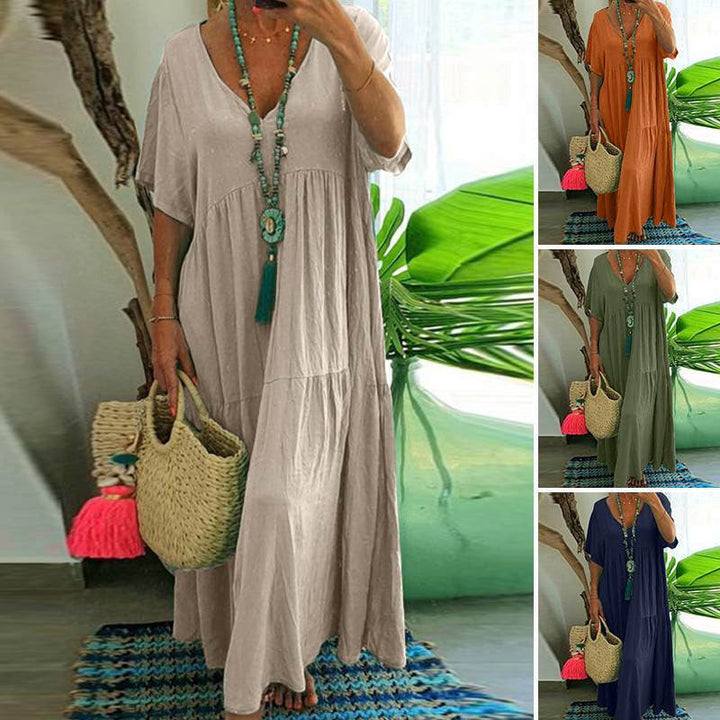 Casual v-neck long dress with short sleeves for women