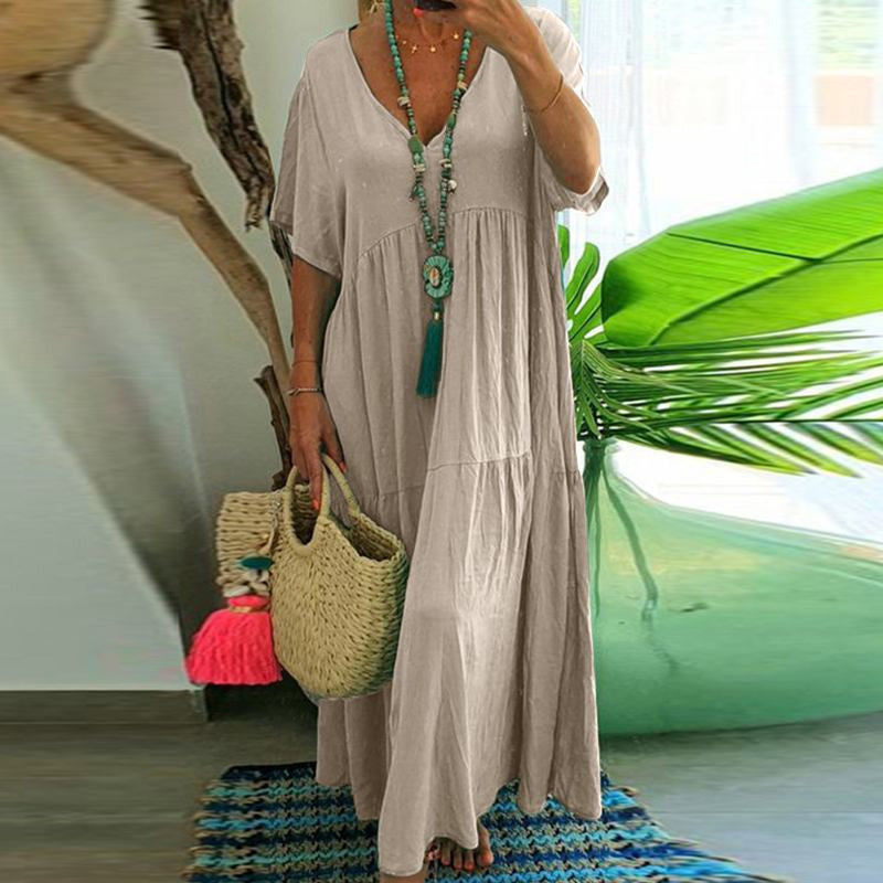 Casual v-neck long dress with short sleeves for women