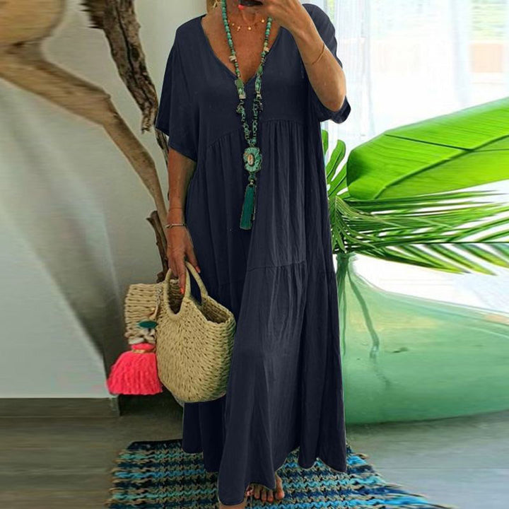 Casual v-neck long dress with short sleeves for women