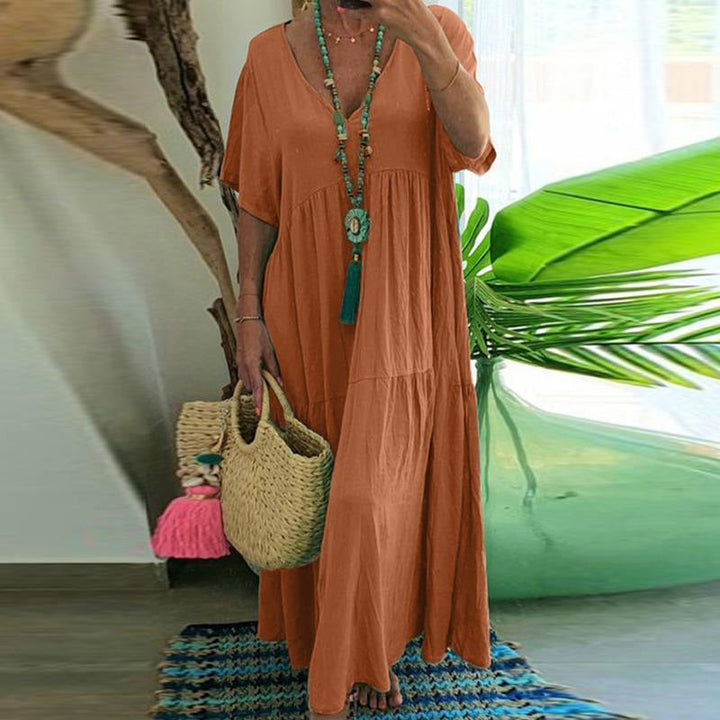Casual v-neck long dress with short sleeves for women