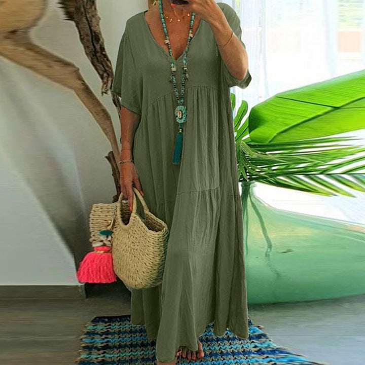 Casual v-neck long dress with short sleeves for women