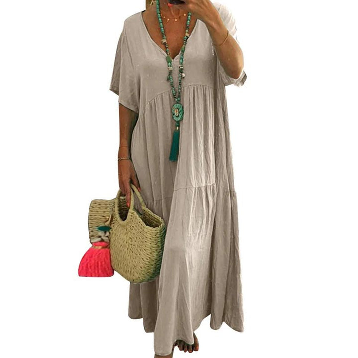 Casual v-neck long dress with short sleeves for women