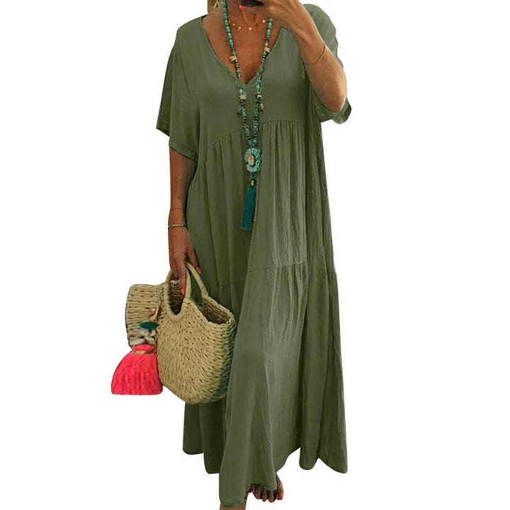 Casual v-neck long dress with short sleeves for women
