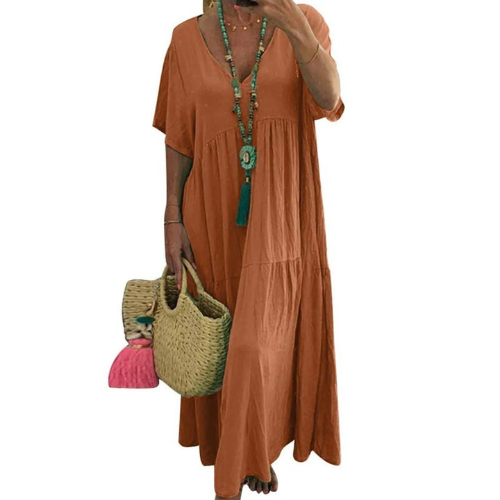Casual v-neck long dress with short sleeves for women
