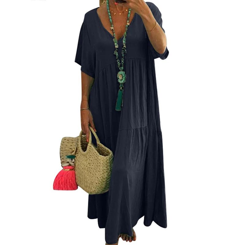 Casual v-neck long dress with short sleeves for women