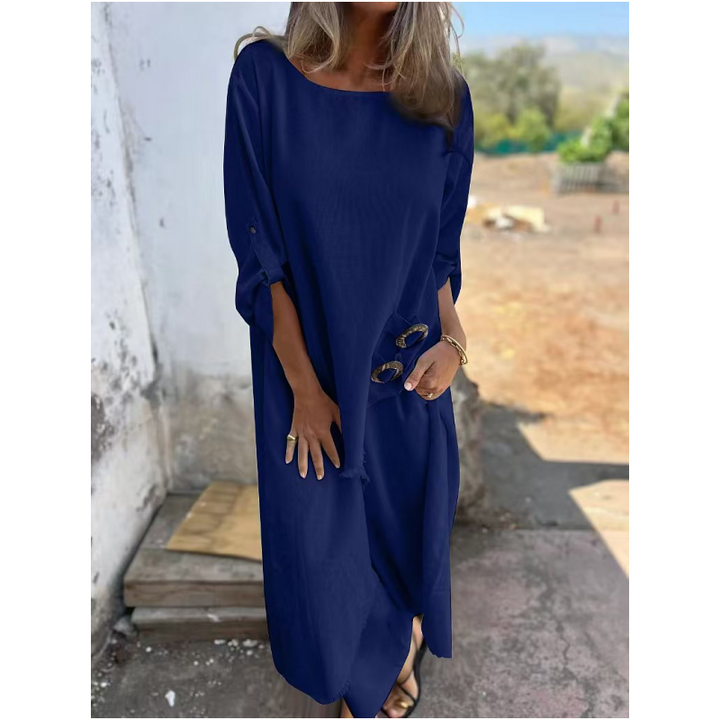 Cotton linen tunic and pants set with side slits for women